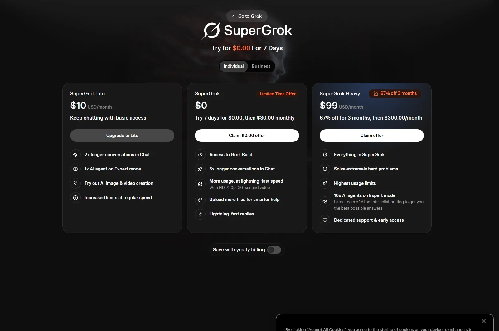 Official Grok pricing plans on grok.com/plans